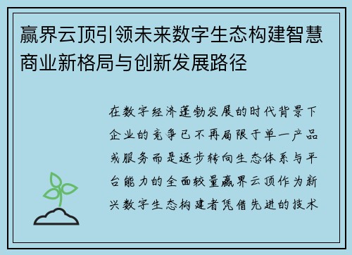 赢界云顶引领未来数字生态构建智慧商业新格局与创新发展路径 赢界云顶引领未来数字生态构建智慧商业新格局与创新发展路径